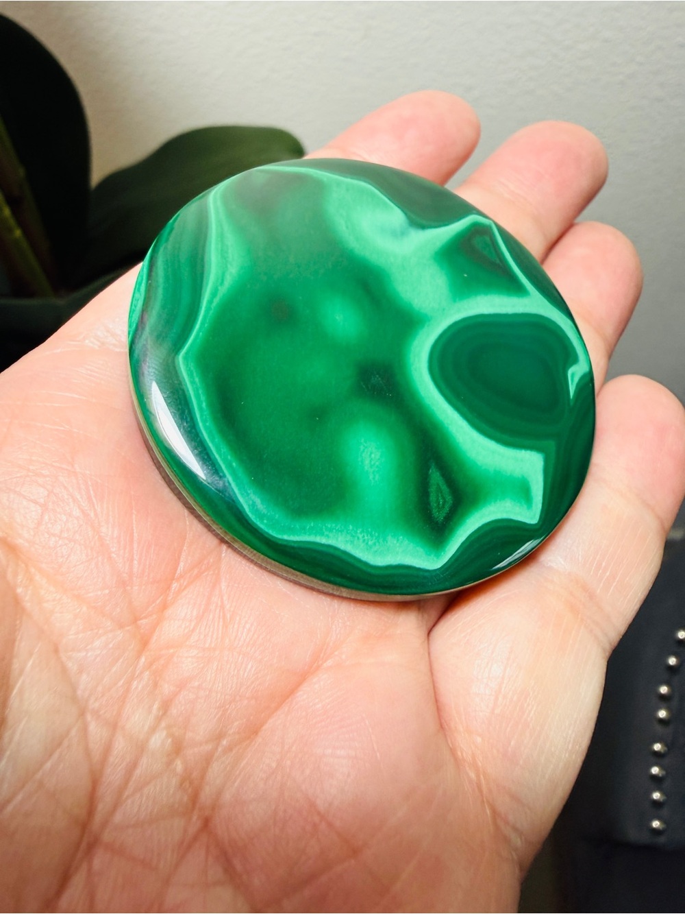 Natural Malachite Flat Pocket Stone 2.23" High Polish Green Crystal Palm Stone